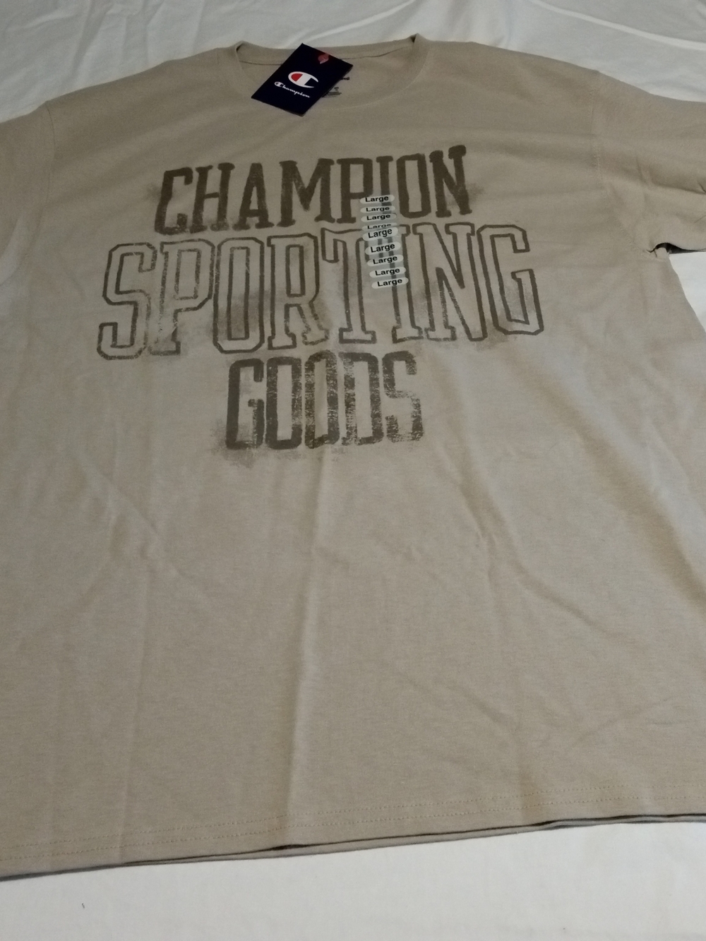 Champion Beige Graphic Tee with 'Champion Sporting Goods' Logo